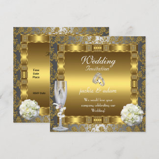 Wedding Gold Silver White Antique Floral Rings Invitation