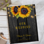 Wedding gold sunflower wood personalized  planner<br><div class="desc">Rustic country sunflower wedding planner featuring strings of twinkle lights and big sunflowers on a dark brown barn wood background. It can be a beautiful bridal shower gift for the bride.</div>