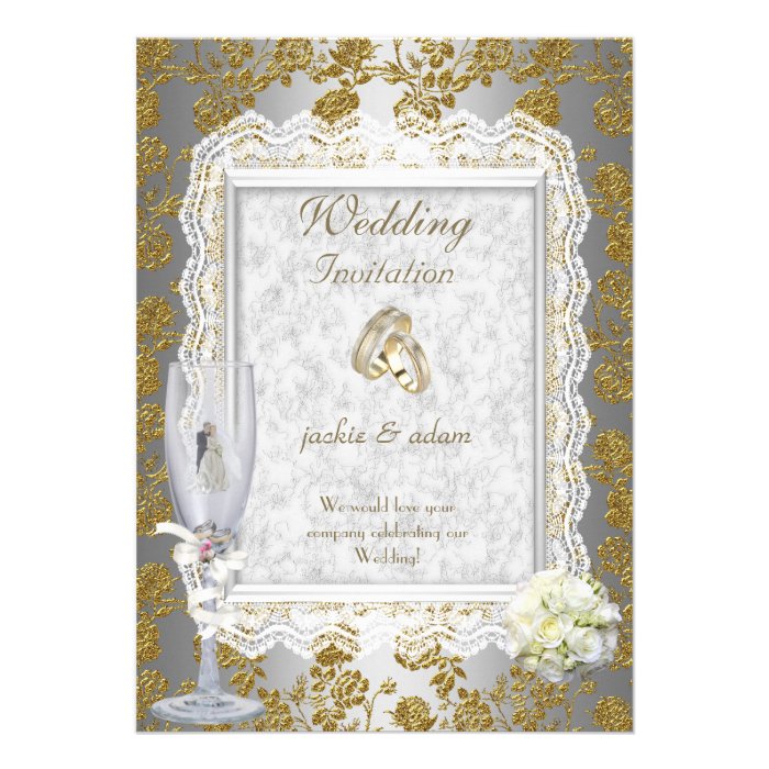 Wedding Gold  White Antique Lace Floral Rings Invitations