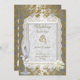 Wedding Gold White Antique Lace Floral Rings Invitation