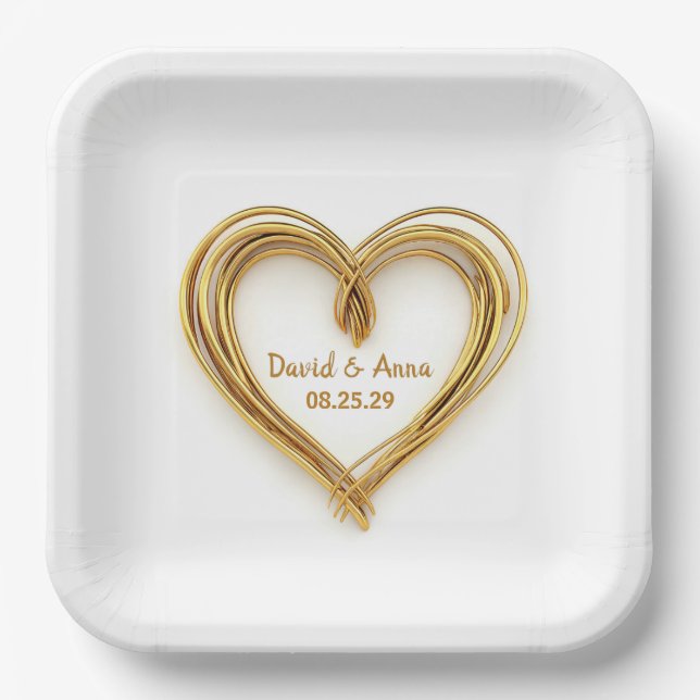Wedding Gold Wired Heart On White Paper Plates (Front)
