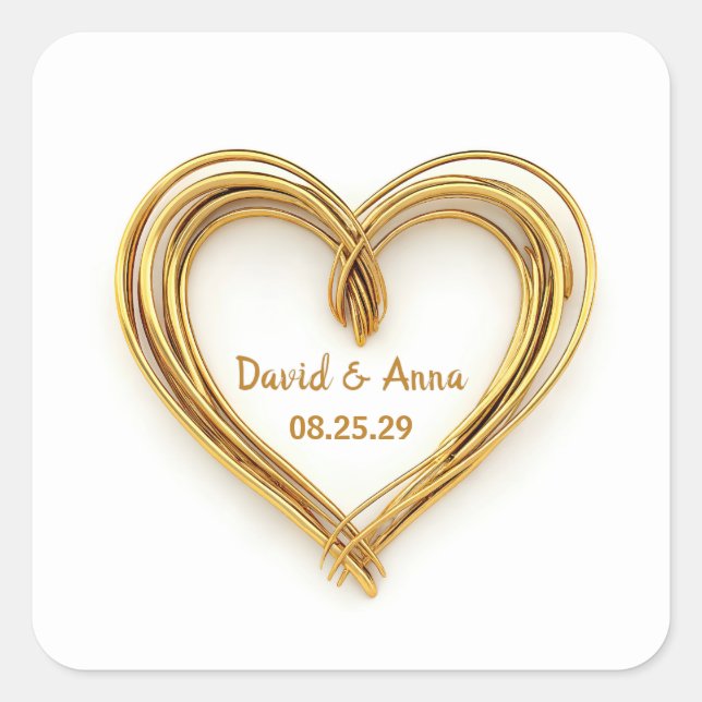 Wedding Gold Wired Heart On White Square Sticker (Front)