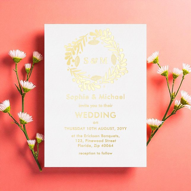 Wedding Gold Yellow Floral Wreath Foil Invitation (Creator Uploaded)