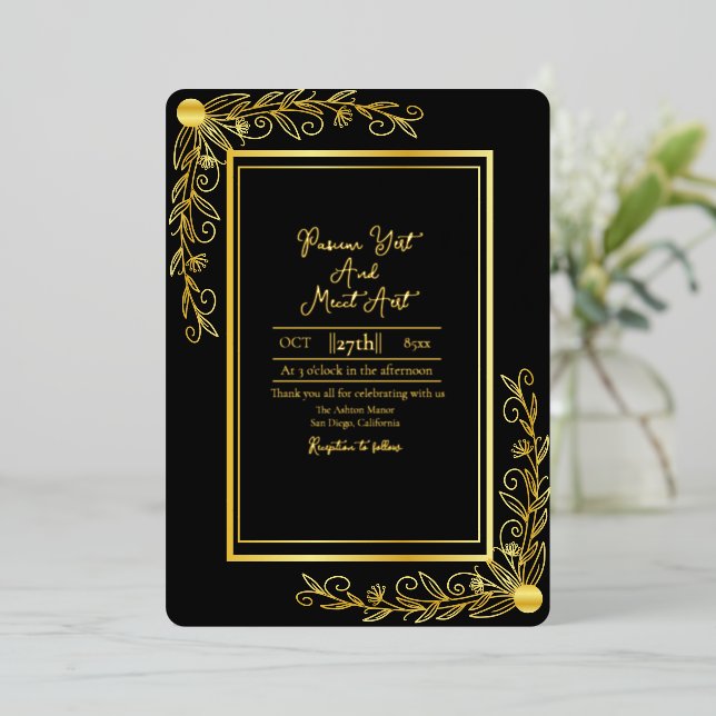 Wedding Golden Background Floral Gold Foil Foil Foil Invitation (Standing Front)