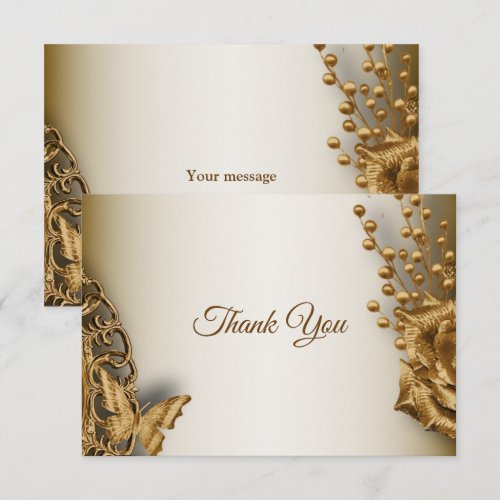 Wedding Golden Beige Floral Butterfly Vintage Thank You Card