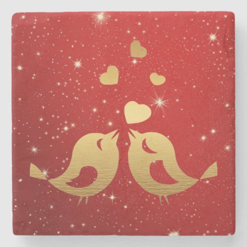 Wedding Golden Birds Hearts Red Shiny Rustic Stone Coaster