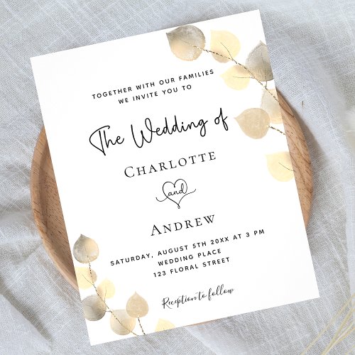 Wedding golden eucalyptus budget invitation flyer