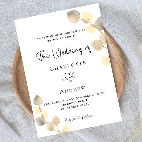 Wedding golden eucalyptus white gold invitation