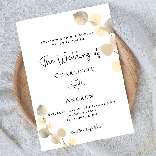Wedding golden eucalyptus white gold invitation postcard