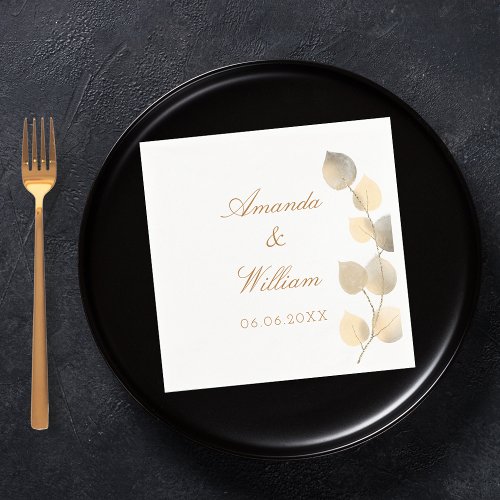 Wedding golden eucalyptus white napkins