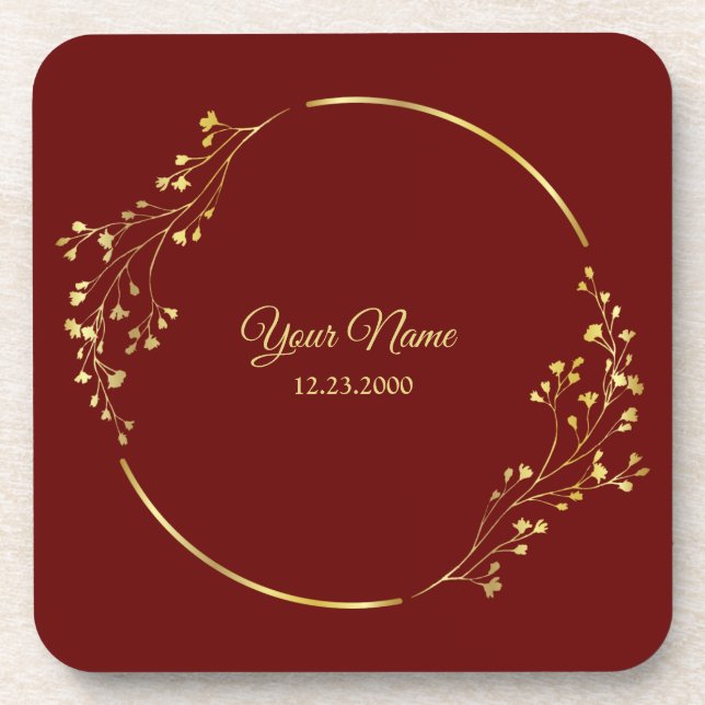 Wedding Golden Floral Geometric Wreath Red Party Beverage Coaster (Front)