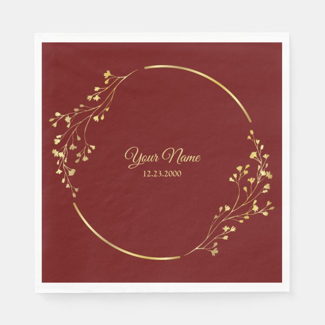 Wedding Golden Floral Geometric Wreath Red Party Napkins (Front)