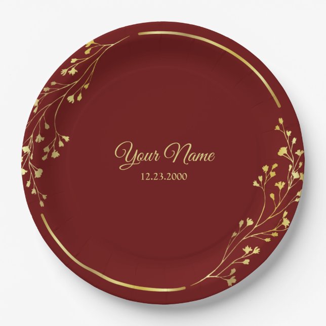 Wedding Golden Floral Geometric Wreath Red Party Paper Plates (Front)