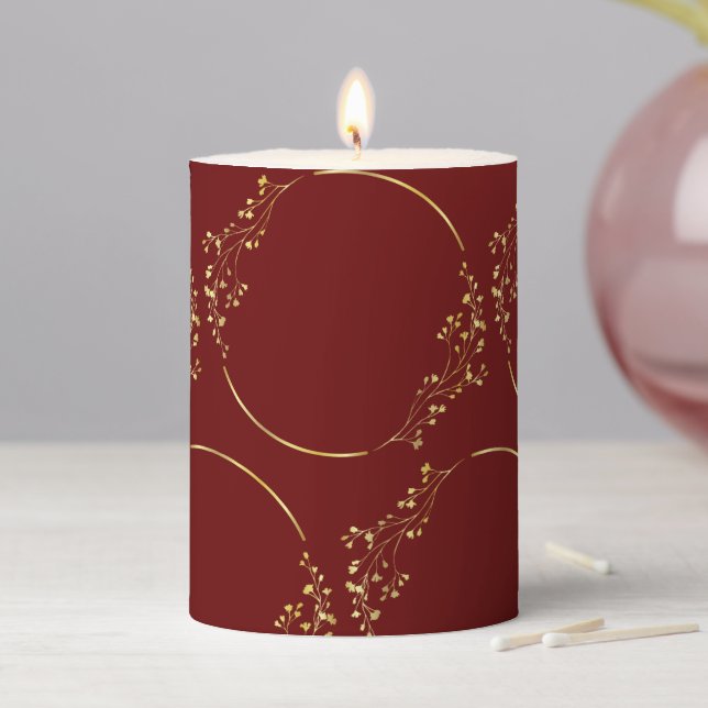 Wedding Golden Floral Geometric Wreath Red Party Pillar Candle (In Situ)