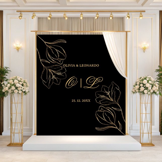 Wedding Golden Floral On Black Background Backdrop (Creator Uploaded)