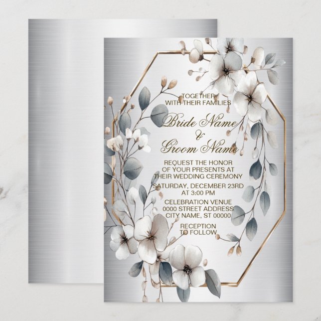 Wedding Golden Frame White Flowers Watercolor  Invitation (Front/Back)