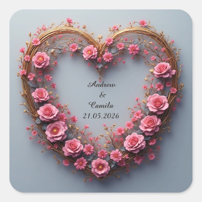 Wedding Golden Heart Frame Square Sticker (Front)
