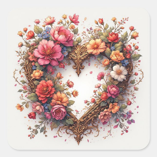 Wedding Golden Heart Frame Square Sticker (Front)