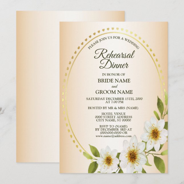 Wedding Golden White Floral Peach Rehearsal Dinner Invitation (Front/Back)