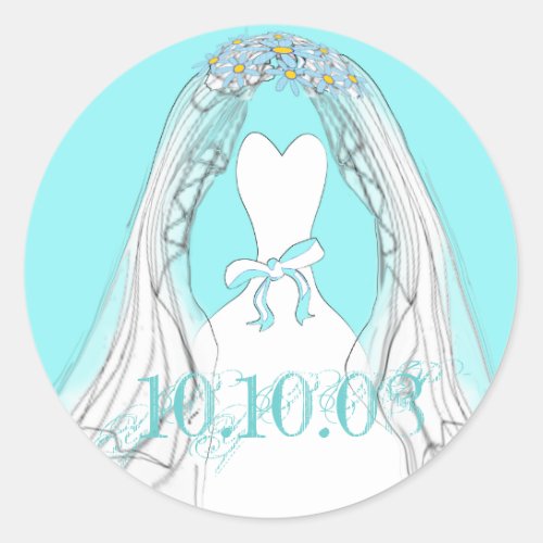 Wedding Gown and Veil Aqua and White Classic Round Sticker