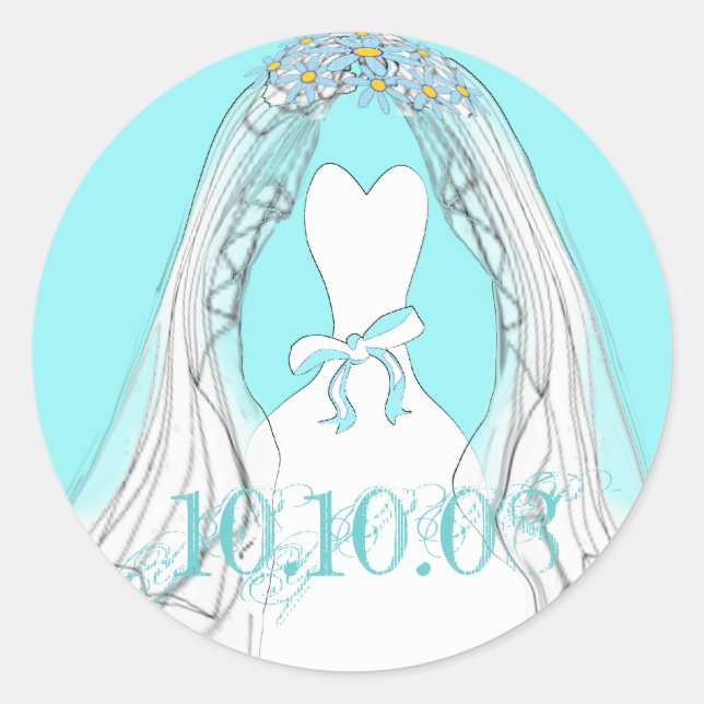Wedding Gown and Veil Aqua and White Classic Round Sticker (Front)