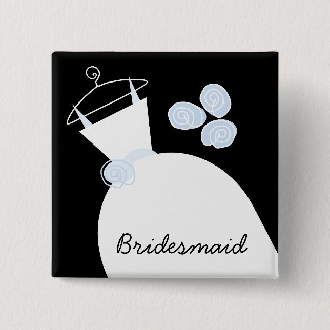 Wedding Gown Blue 'Bridesmaid' black square Pinback Button (Front)