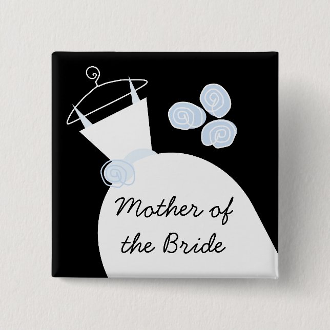 Wedding Gown Blue Mother of the Bride black square Pinback Button (Front)
