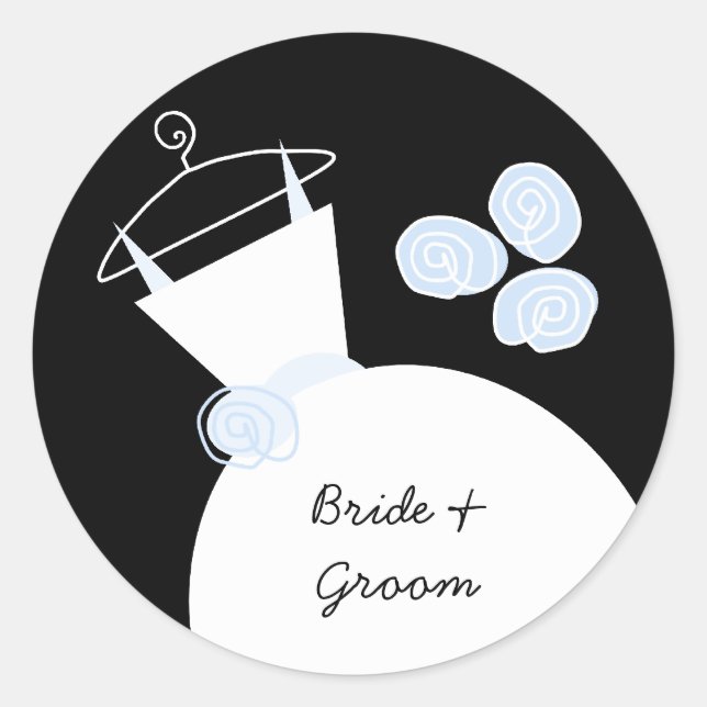 Wedding Gown Blue 'Names' round black Classic Round Sticker (Front)