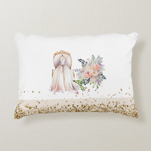 Wedding gown blue pink white faux golden custom accent pillow