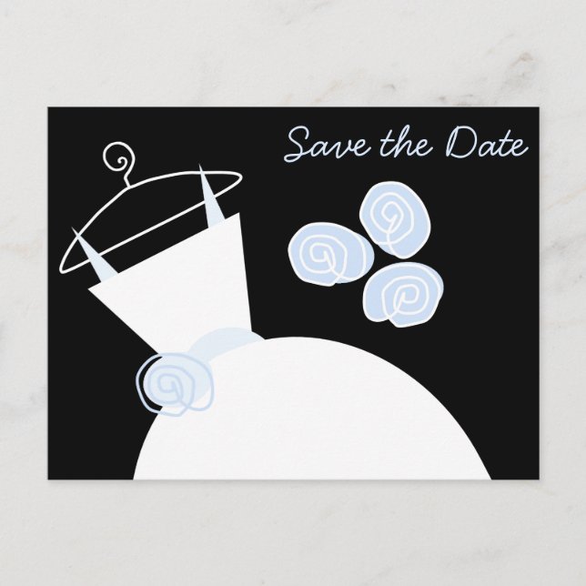 Wedding Gown Blue Save the Date black horizontal Announcement Postcard (Front)