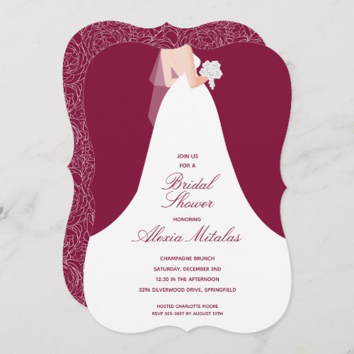 Wedding Gown Bridal Shower Cranberry Invitations