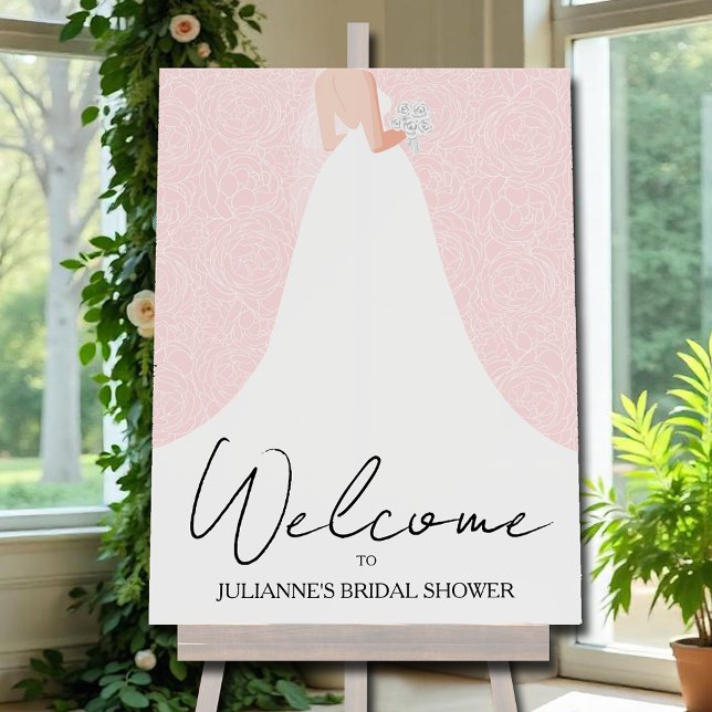 Wedding Gown Bridal Shower Pink Foam Board (Bride in wedding gown and roses on pink bridal shower  foam board Welcome sign)