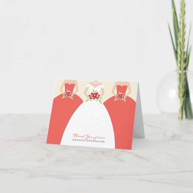 Wedding Gown Bridal Shower Thank You Card (coral) (Front)