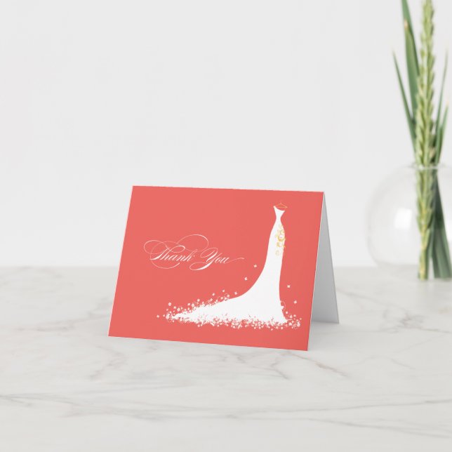 Wedding Gown Bridal Shower Thank You Card (coral) (Front)