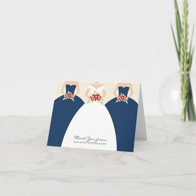 Wedding Gown Bridal Shower Thank You Card (navy) (Front)
