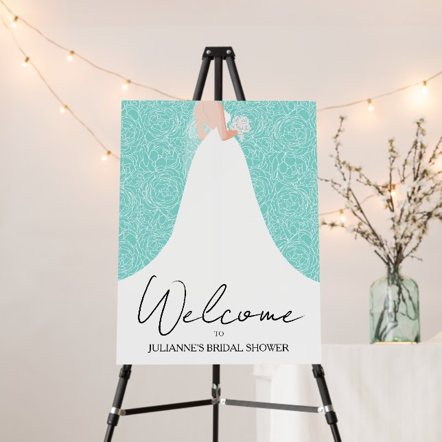 Wedding Gown Bridal Shower Turquoise Welcome Foam Board (In Situ (Stand))