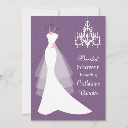 Wedding gown, Chandelier on purple Bridal shower Personalized Invitation