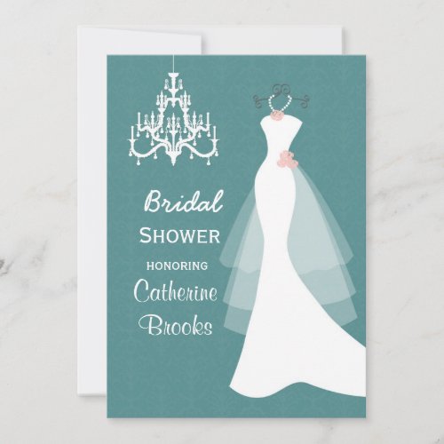 Wedding gown, Chandelier  on teal Bridal shower Personalized Invites