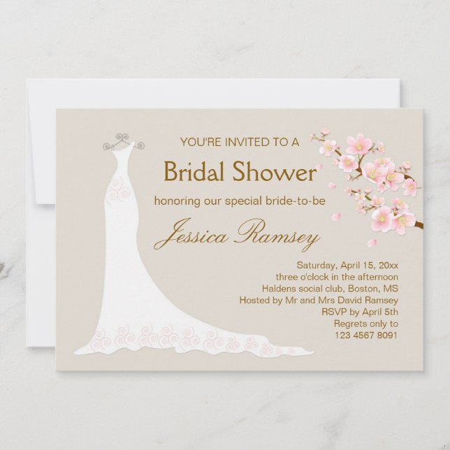 Wedding gown, cherry blossom Bridal Shower Invitation (Front)