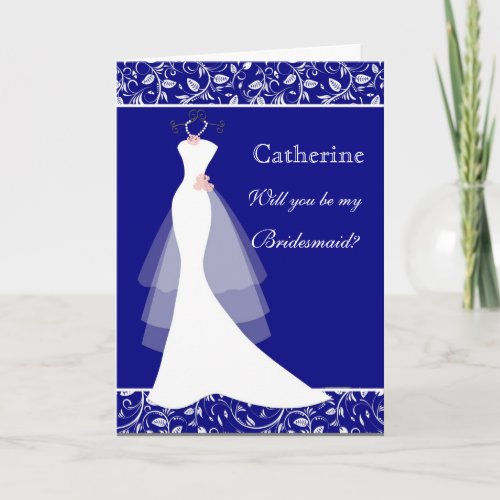Wedding gown damask on royal blue  Bridesmaid Invitation
