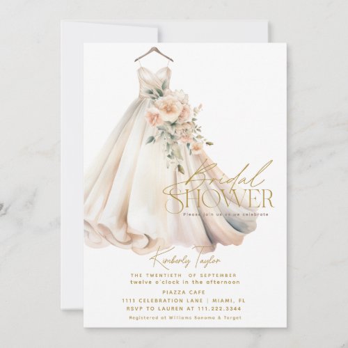 Wedding Gown Dress Pink Floral Bridal Shower Invitation
