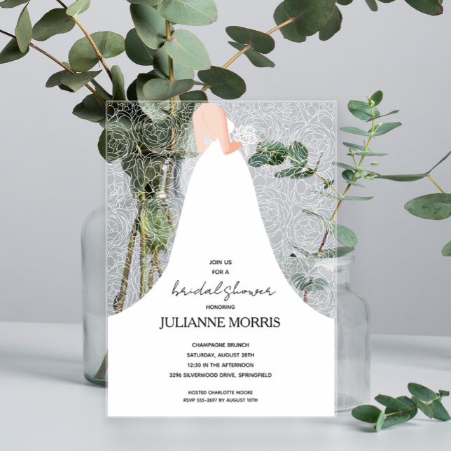 Wedding Gown Floral Bridal Shower Acrylic Invitations (Bridal shower clear acrylic invitations, bride in her wedding gown on white rose floral pattern )