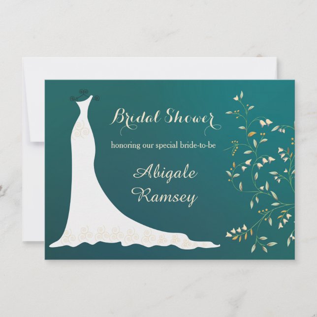Wedding gown, flowers on teal Bridal Shower Invitation (Front)