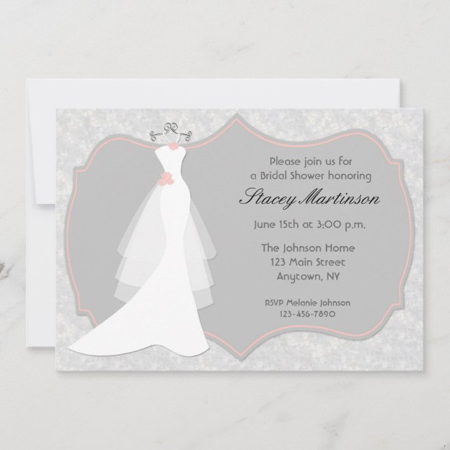 Wedding Gown, Gray, Peach Shower Invitation (Front)