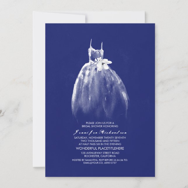 Wedding Gown Navy Bridal Shower Invitations (Front)