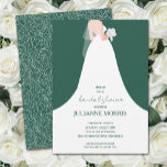 Wedding Gown on Emerald Green Bridal Shower Invitation<br><div class="desc">A bride in her wedding dress on a emerald green background,  these bridal shower invitations also feature a floral rose outline on the back. MORE colors and MATCHING items in our store.</div>