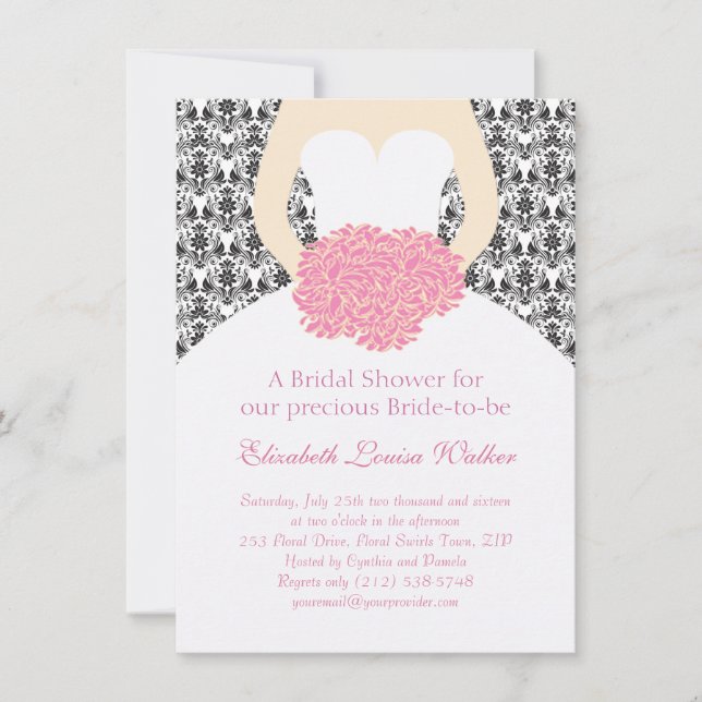 Wedding gown on floral black damask Bridal Shower Invitation (Front)