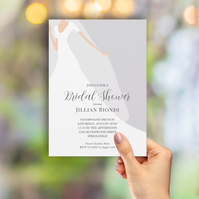 Wedding Gown on Gray Bridal Shower Invitation (Creator Uploaded)