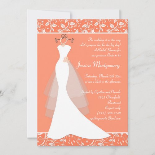 WEdding gown on light coral Bridal Shower Invite
