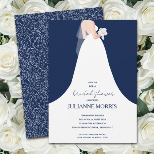 Wedding Gown on Navy Blue Bridal Shower Invitation